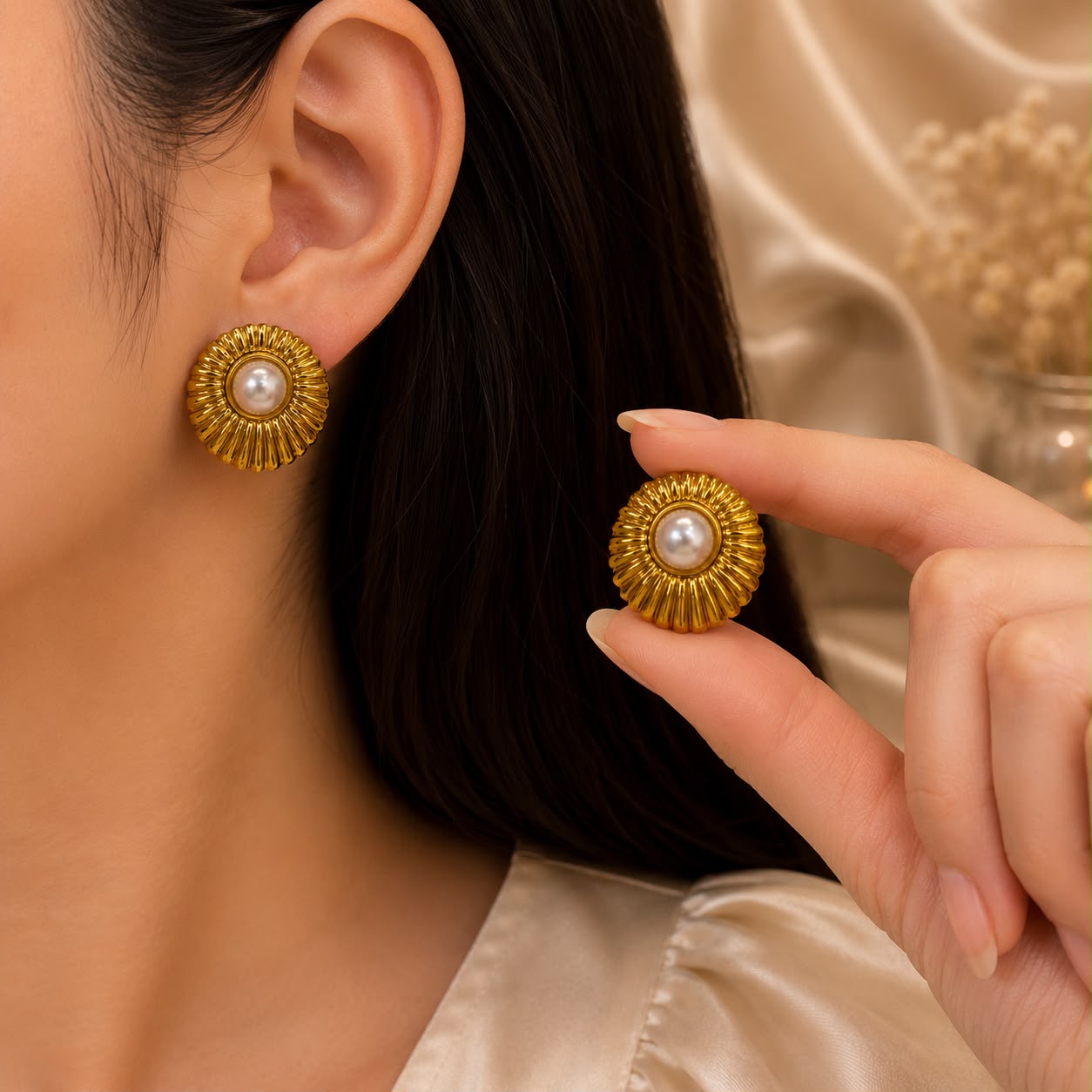 ROUND PEARL ACTION EARRING 